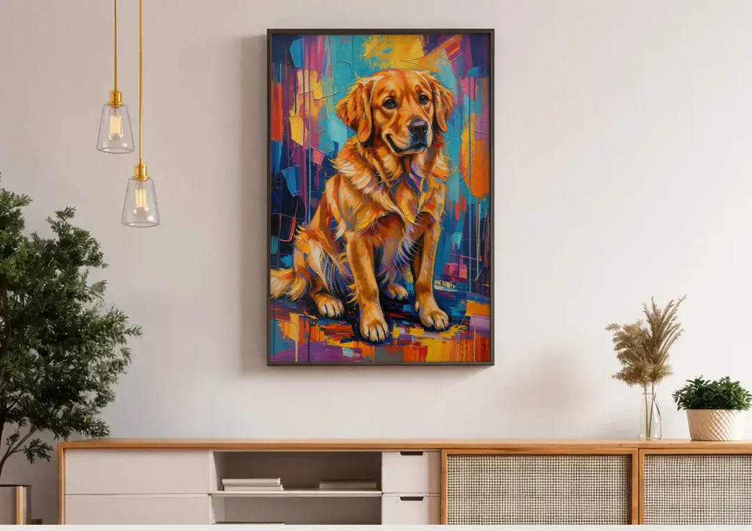 Colorful Golden Retriever Portrait canvas wall art above a wooden sideboard under pendant lights