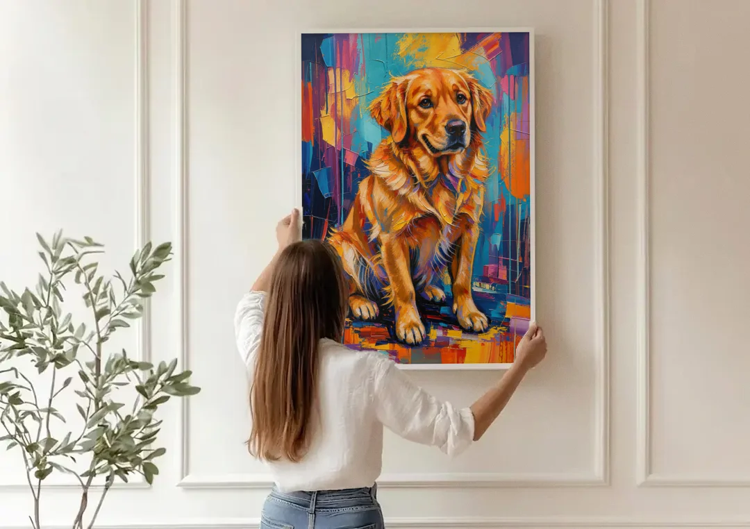 Colorful Golden Retriever Portrait canvas wall art being hung on a paneled wall