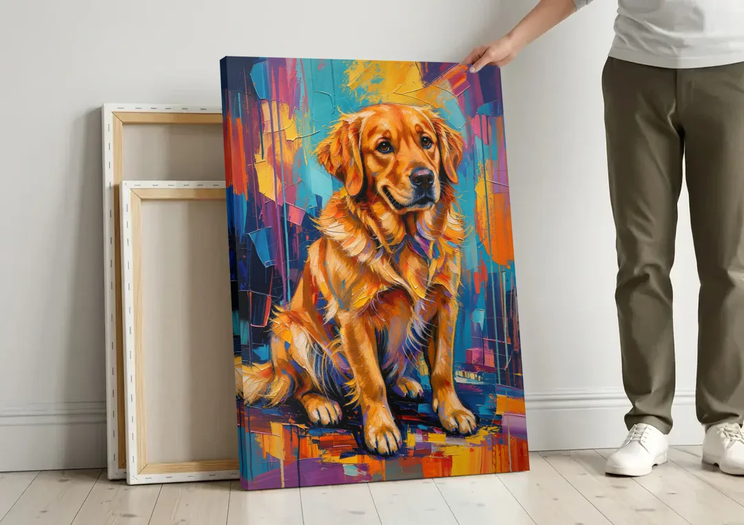 Colorful Golden Retriever Portrait canvas wall art leaning against a wall next to blank canvases