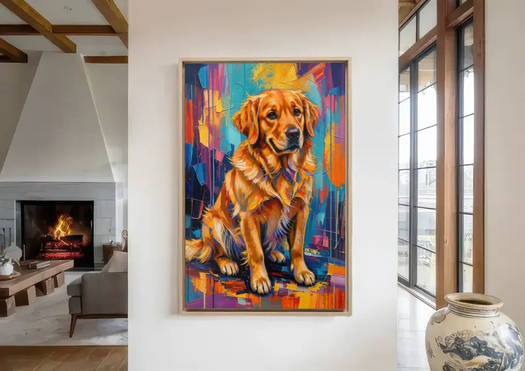 Colorful Golden Retriever Portrait canvas wall art in a living room with a fireplace