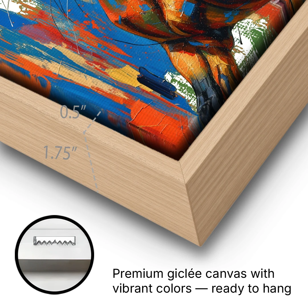 Colorful Horse Painting with Flung Blue Mane - Oak Framed Canvas Wall Art - Gallery Wrap Corner