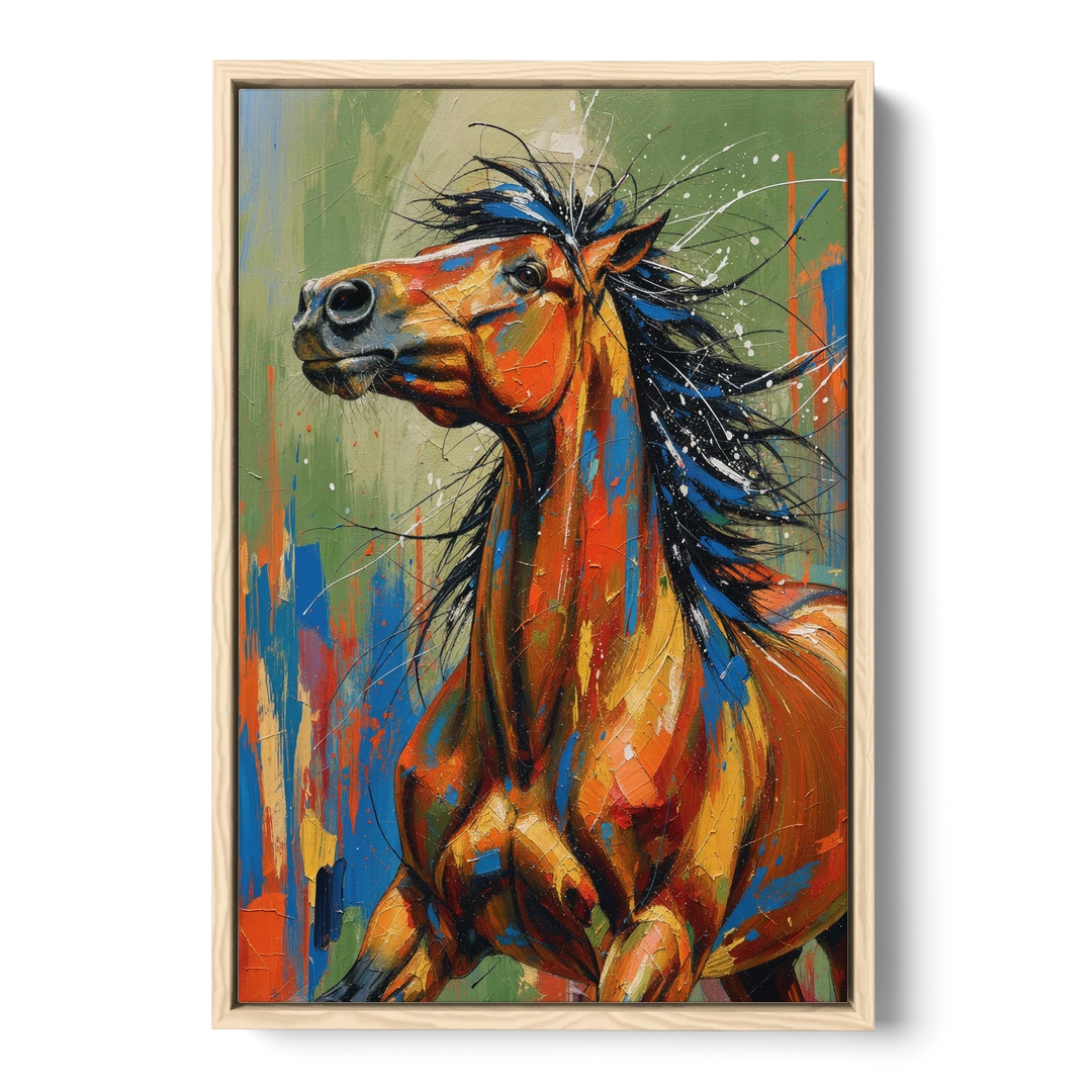Colorful Horse Painting with Flung Blue Mane - Oak Framed Canvas Wall Art - Front