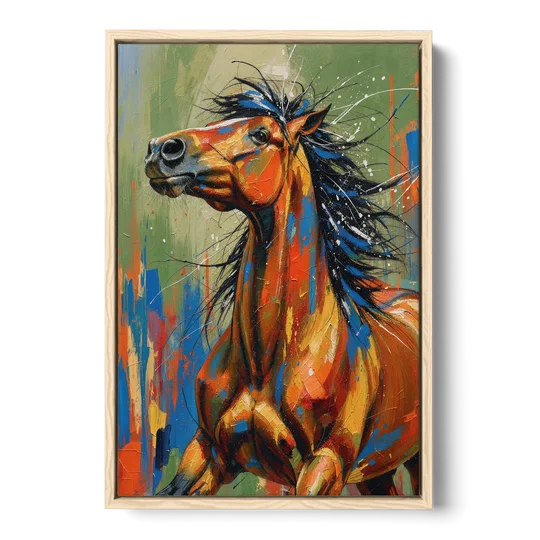Colorful Horse Painting with Flung Blue Mane - Oak Framed Canvas Wall Art - Front
