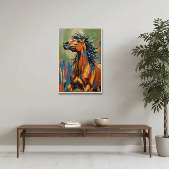 Colorful Horse Painting with Flung Blue Mane - Oak Framed Canvas Wall Art - Coffee Table - 24x36