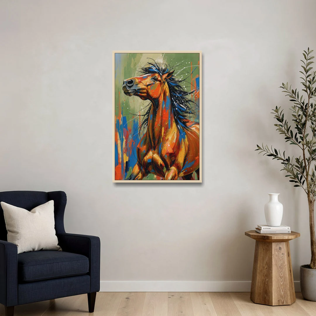 Colorful Horse Painting with Flung Blue Mane - Oak Framed Canvas Wall Art - Sofa - 24x36