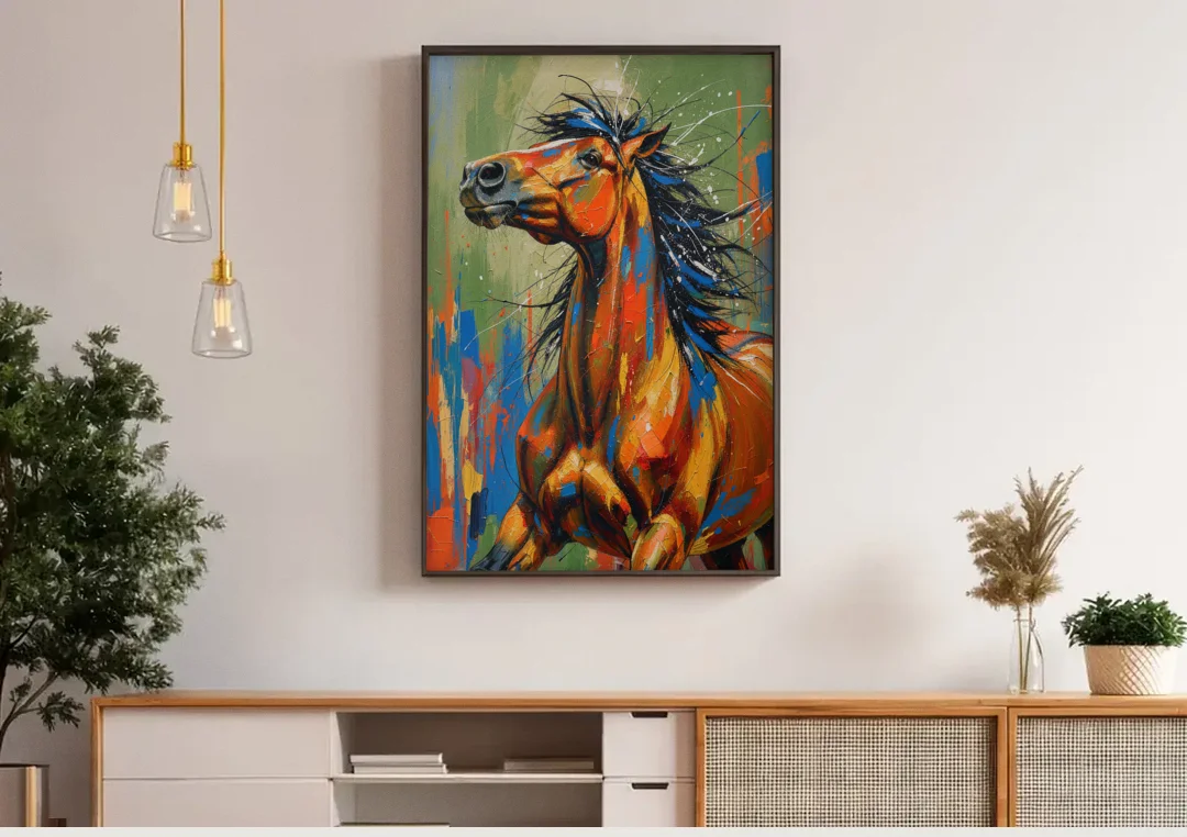 Colorful Horse Painting with Flung Blue Mane canvas wall art above a wooden sideboard under pendant lights
