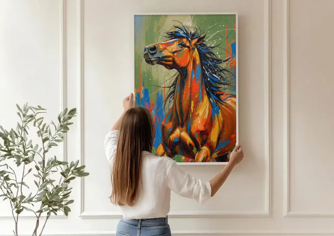 Colorful Horse Painting with Flung Blue Mane canvas wall art being hung on a paneled wall