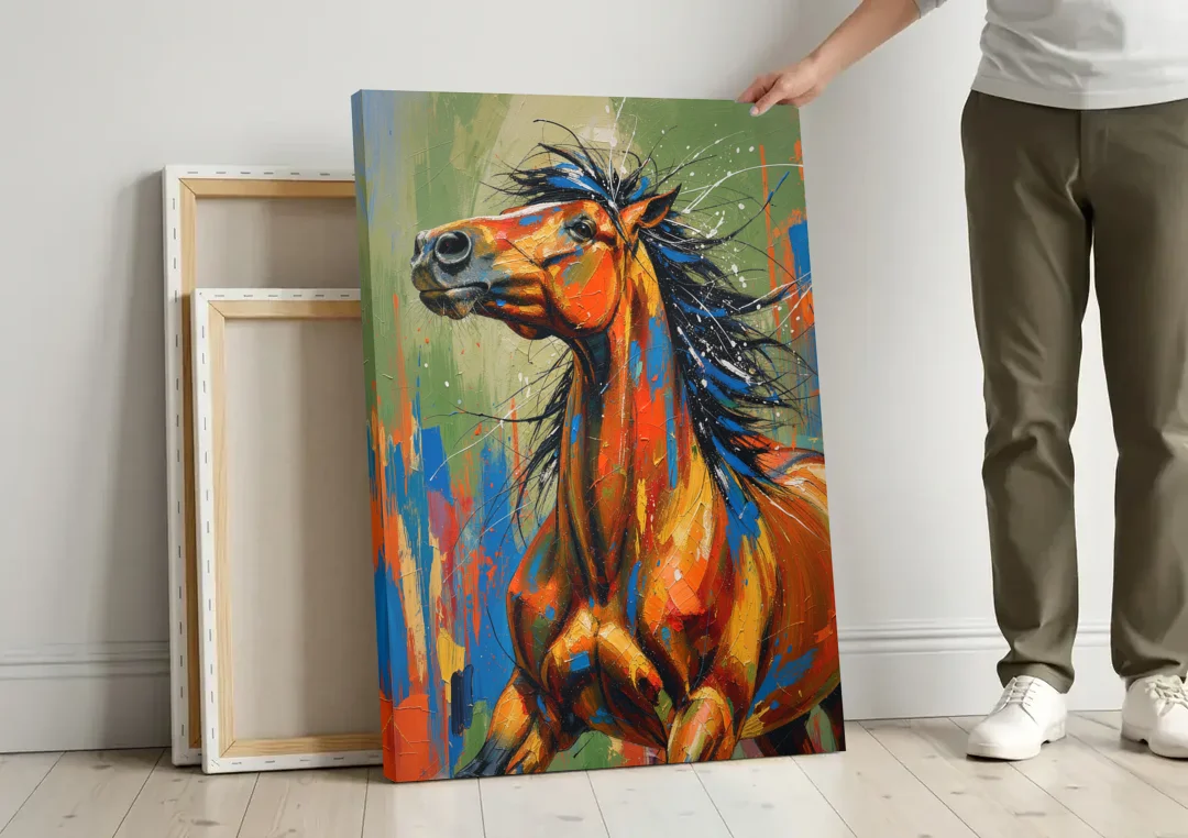 Colorful Horse Painting with Flung Blue Mane canvas wall art leaning against a wall next to blank canvases