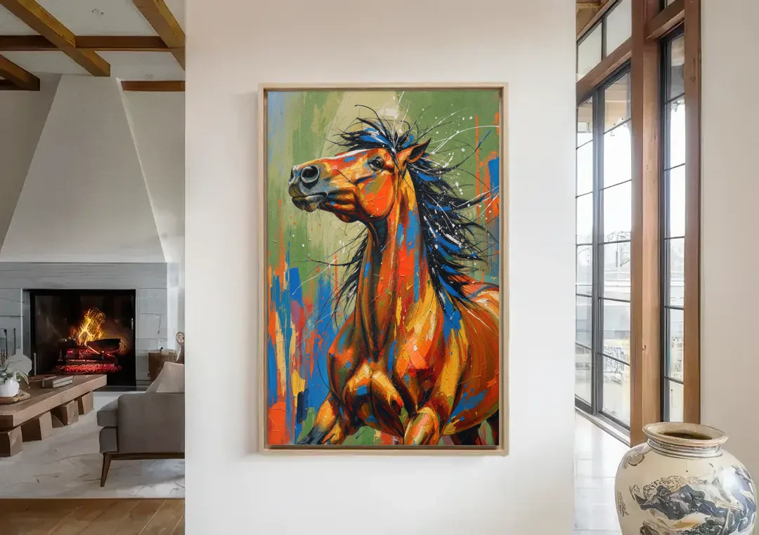Colorful Horse Painting with Flung Blue Mane canvas wall art in a living room with a fireplace