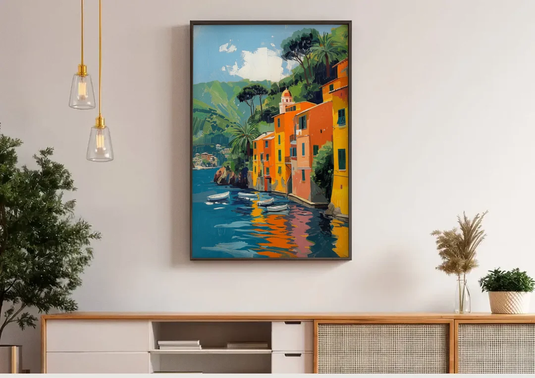 Colorful Houses Painting of Portofino canvas wall art above a wooden sideboard under pendant lights
