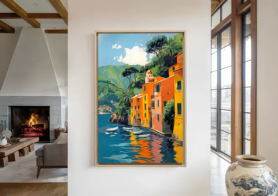 Colorful Houses Painting of Portofino canvas wall art in a living room with a fireplace