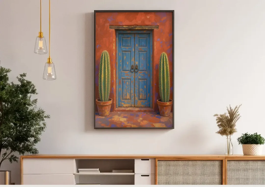 Colorful Mexican Wall Art of a Talavera Door canvas wall art above a wooden sideboard under pendant lights