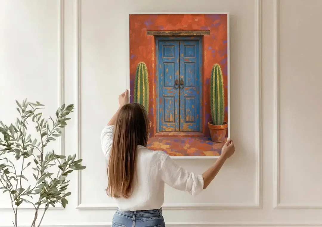 Colorful Mexican Wall Art of a Talavera Door canvas wall art being hung on a paneled wall
