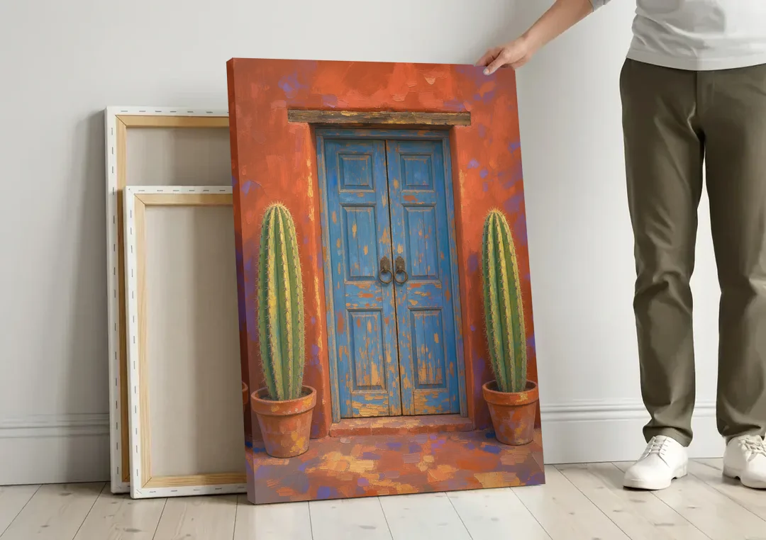 Colorful Mexican Wall Art of a Talavera Door canvas wall art leaning against a wall next to blank canvases