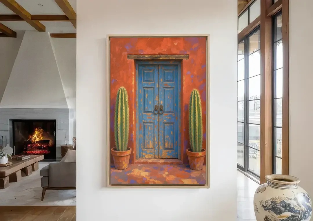 Colorful Mexican Wall Art of a Talavera Door canvas wall art in a living room with a fireplace