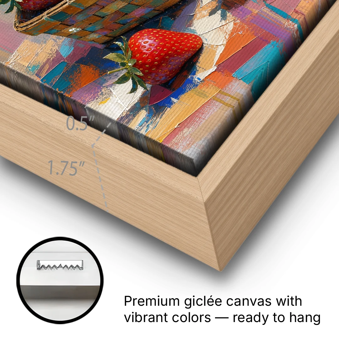 Colorful Strawberry Basket Overflowing for the Kitchen - Oak Framed Canvas Wall Art - Gallery Wrap Corner