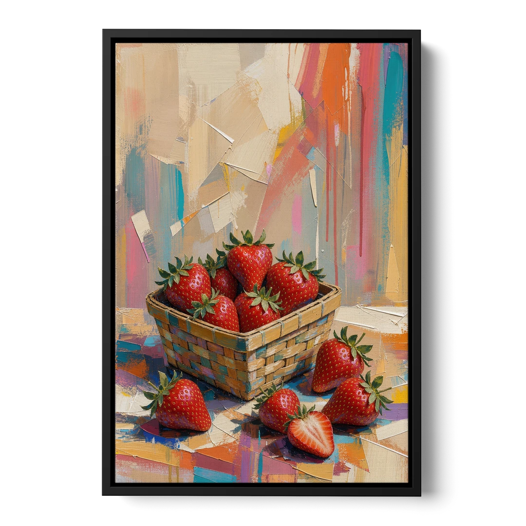 Colorful Strawberry Basket Overflowing for the Kitchen - Black Framed Canvas Wall Art - Front
