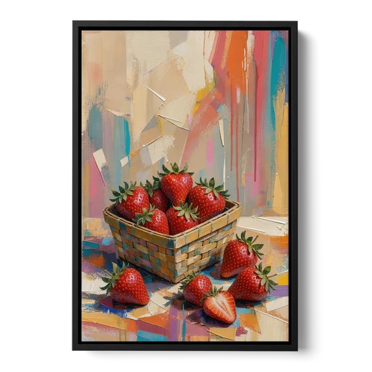 Colorful Strawberry Basket Overflowing for the Kitchen - Black Framed Canvas Wall Art - Front