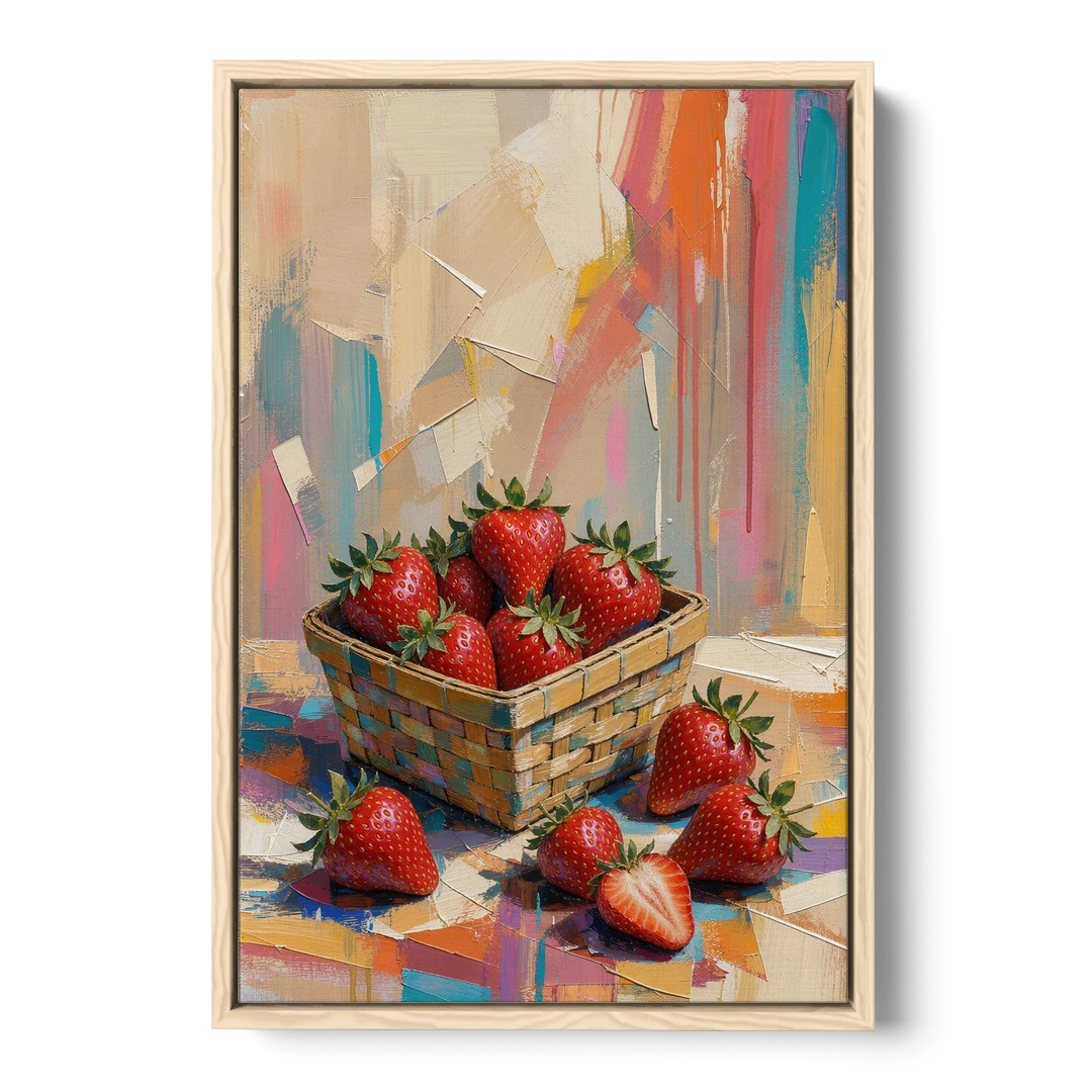 Colorful Strawberry Basket Overflowing for the Kitchen - Oak Framed Canvas Wall Art - Front
