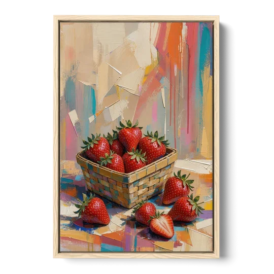 Colorful Strawberry Basket Overflowing for the Kitchen - Oak Framed Canvas Wall Art - Front