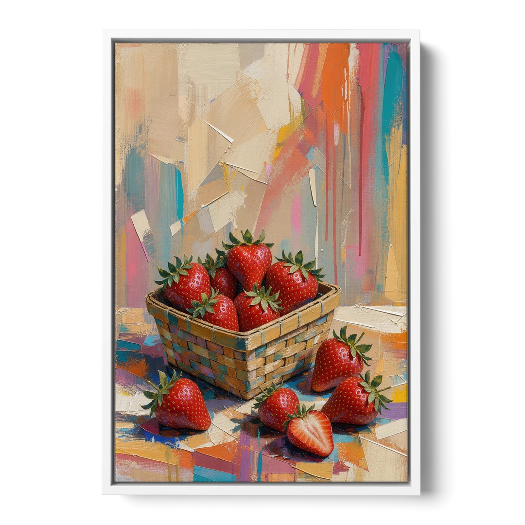 Colorful Strawberry Basket Overflowing for the Kitchen - White Framed Canvas Wall Art - Front