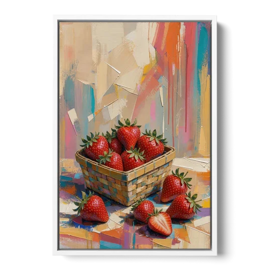Colorful Strawberry Basket Overflowing for the Kitchen - White Framed Canvas Wall Art - Front