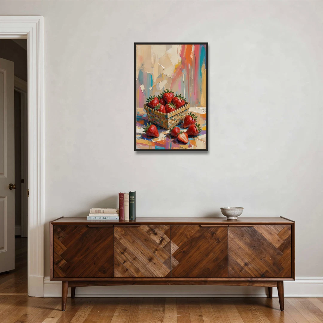 Colorful Strawberry Basket Overflowing for the Kitchen - Black Framed Canvas Wall Art - Coffee Table - 24x36