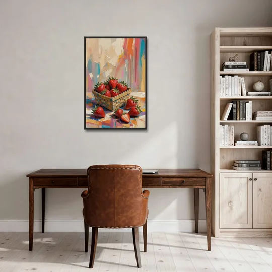 Colorful Strawberry Basket Overflowing for the Kitchen - Black Framed Canvas Wall Art - Office - 24x36