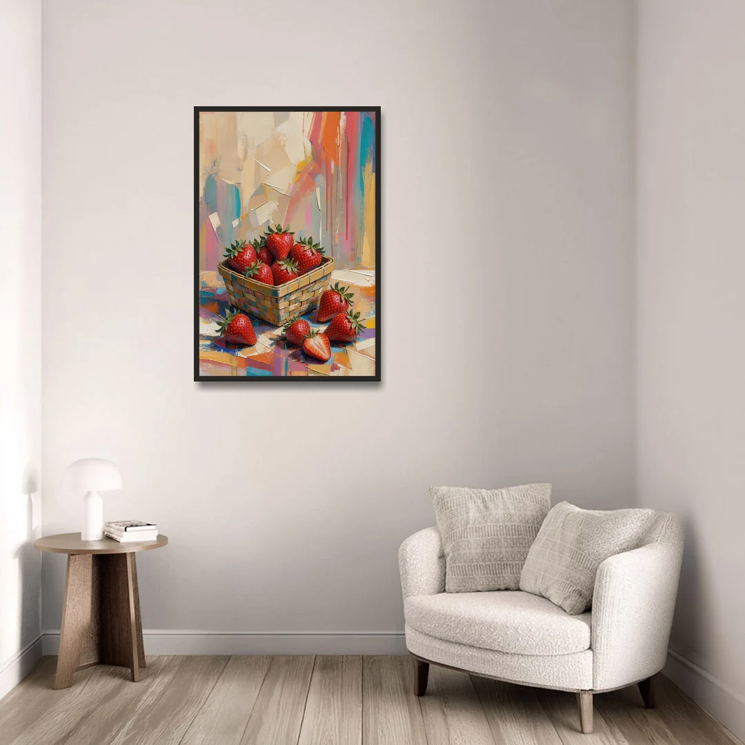 Colorful Strawberry Basket Overflowing for the Kitchen - Black Framed Canvas Wall Art - Sofa - 24x36