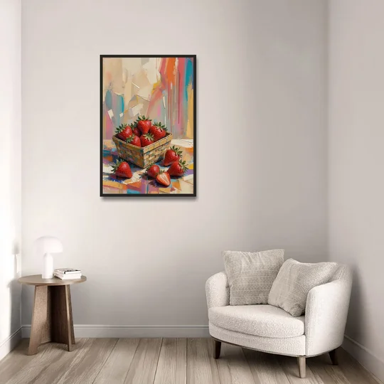 Colorful Strawberry Basket Overflowing for the Kitchen - Black Framed Canvas Wall Art - Sofa - 24x36