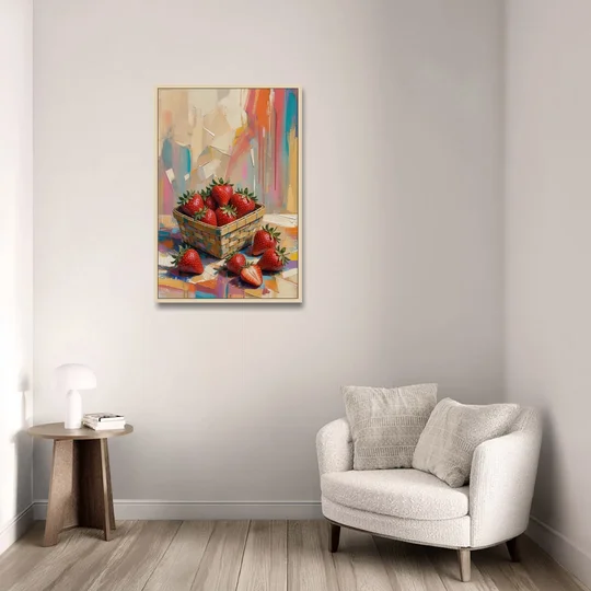 Colorful Strawberry Basket Overflowing for the Kitchen - Oak Framed Canvas Wall Art - Sofa - 24x36