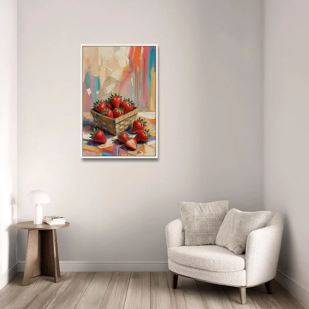 Colorful Strawberry Basket Overflowing for the Kitchen - White Framed Canvas Wall Art - Sofa - 24x36