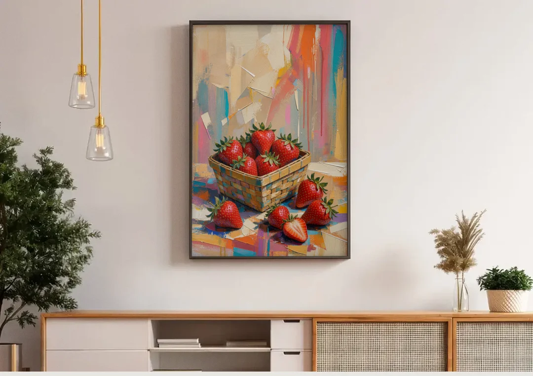 Colorful Strawberry Basket Overflowing for the Kitchen canvas wall art above a wooden sideboard under pendant lights