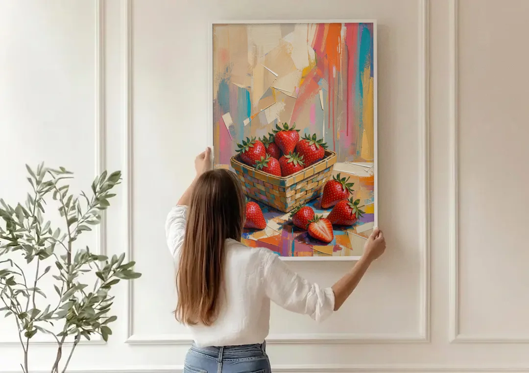Colorful Strawberry Basket Overflowing for the Kitchen canvas wall art being hung on a paneled wall