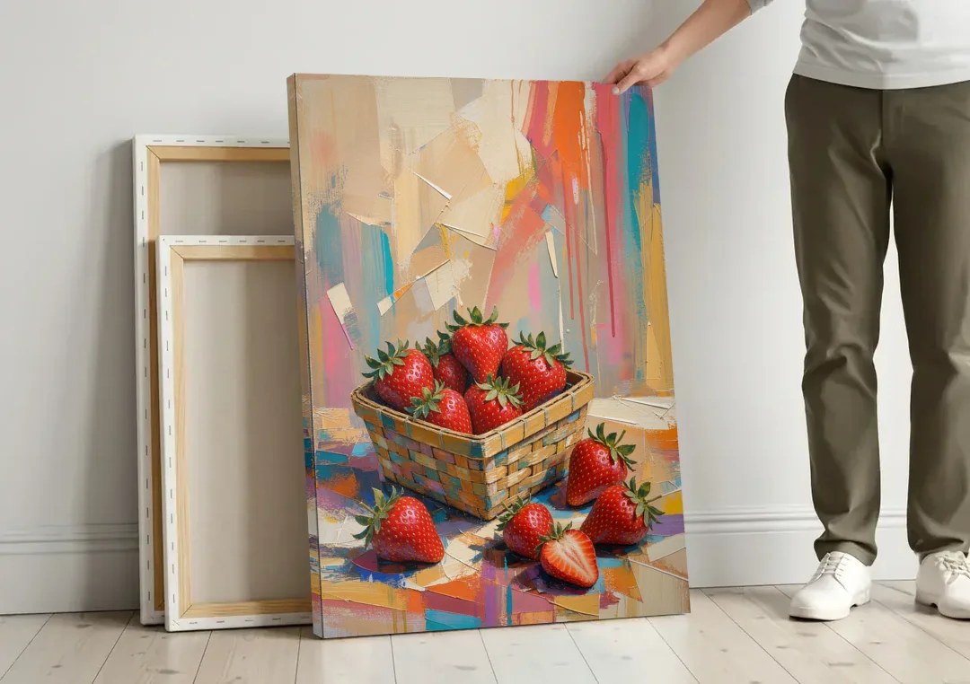 Colorful Strawberry Basket Overflowing for the Kitchen canvas wall art leaning against a wall next to blank canvases