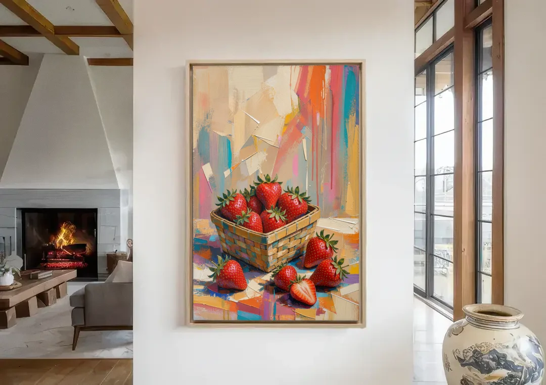 Colorful Strawberry Basket Overflowing for the Kitchen canvas wall art in a living room with a fireplace