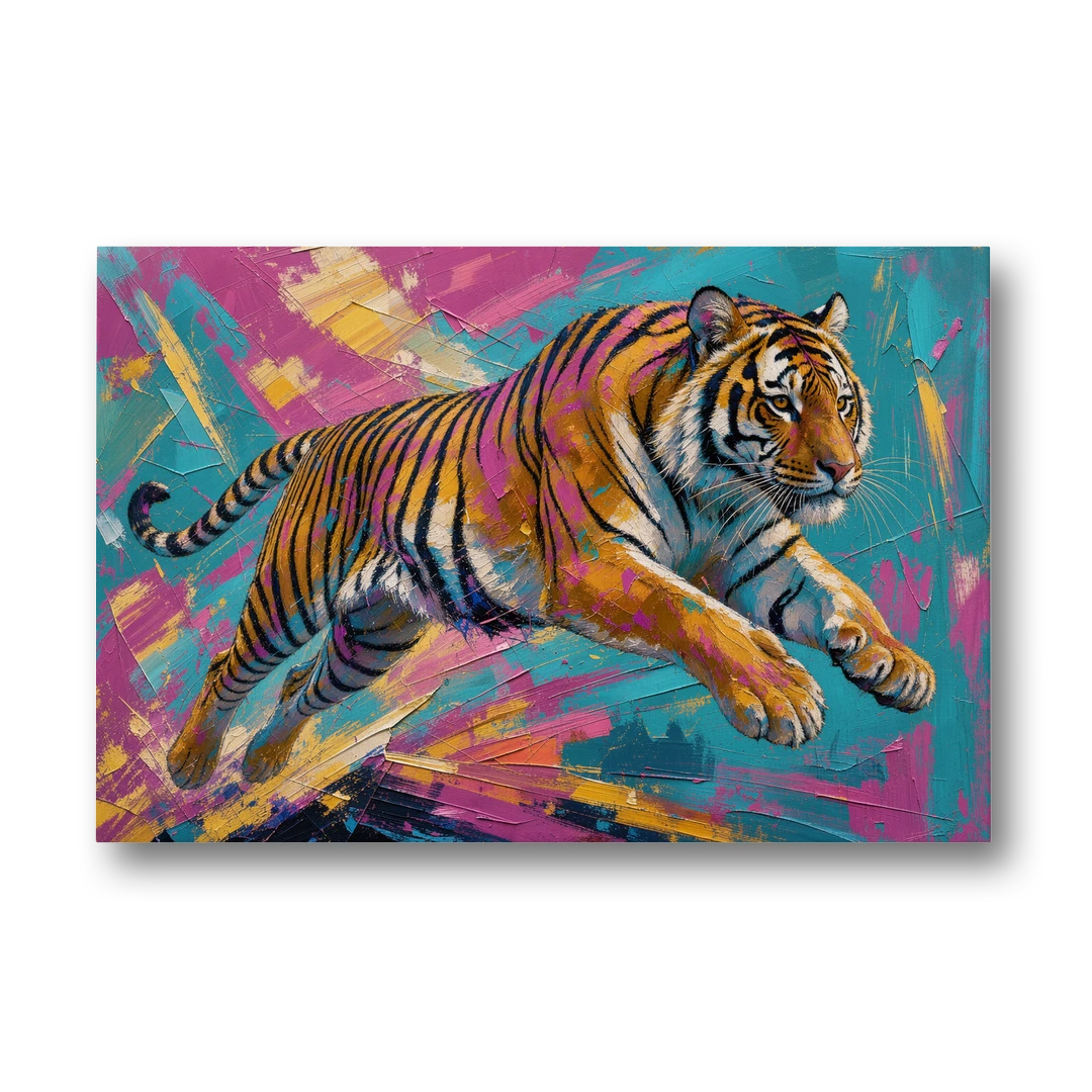 Colorful Tiger Painting Mid-Leap - Canvas Wall Art - Front