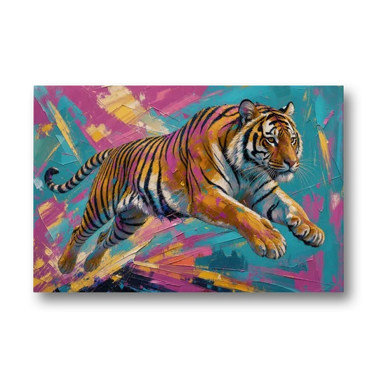 Colorful Tiger Painting Mid-Leap - Canvas Wall Art - Front
