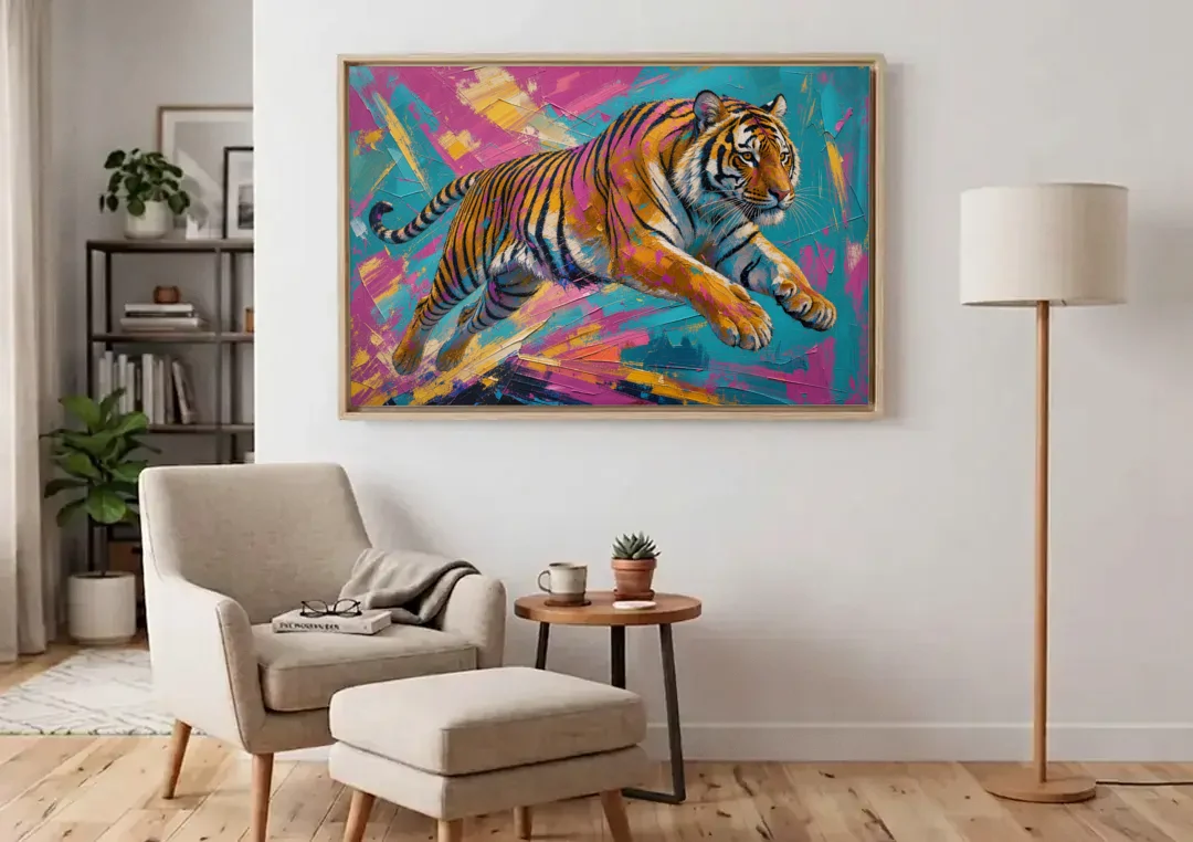 Colorful Tiger Painting Mid-Leap canvas wall art above an armchair in a bright living room