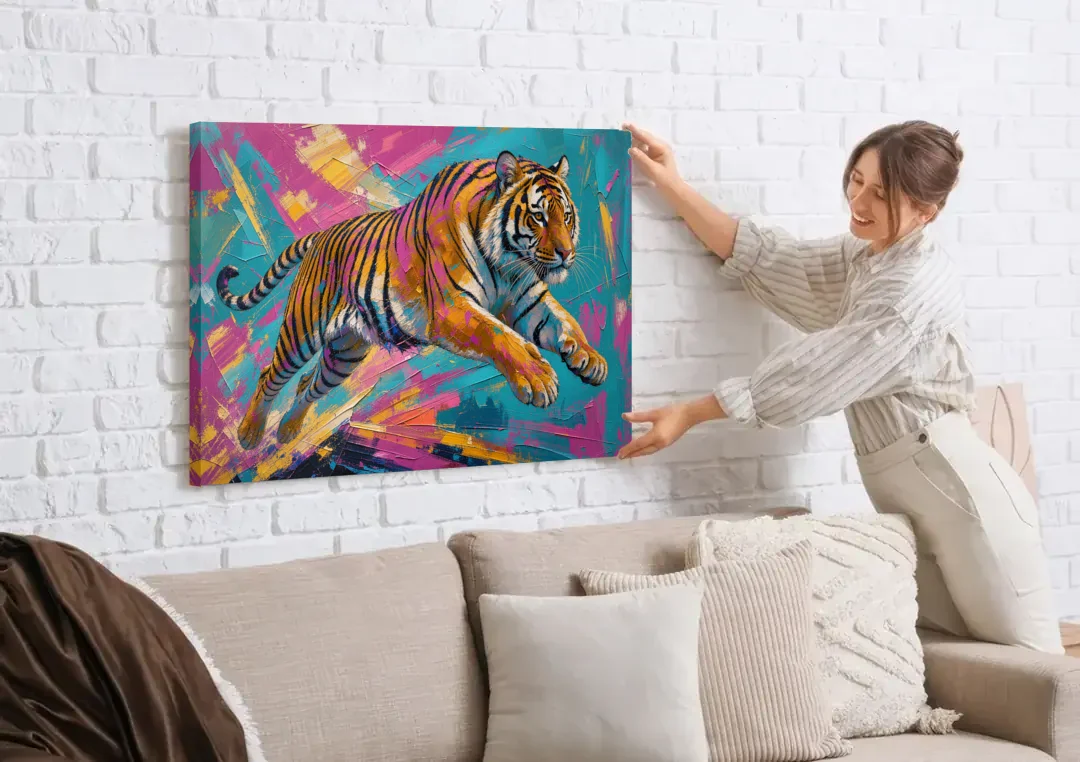 Colorful Tiger Painting Mid-Leap canvas wall art being hung on a white brick wall above a sofa
