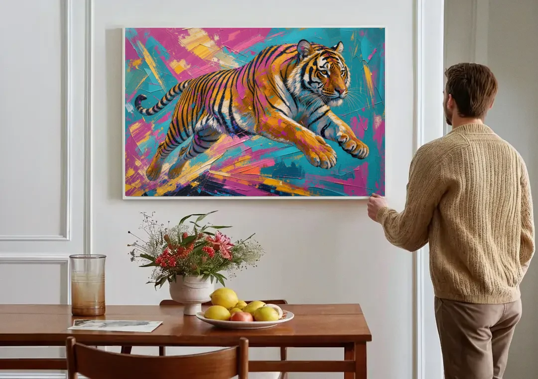 Colorful Tiger Painting Mid-Leap canvas wall art above a dining table