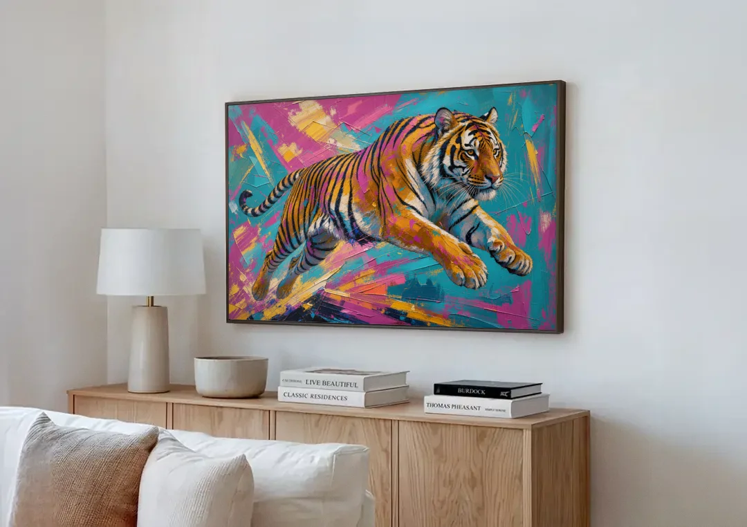 Colorful Tiger Painting Mid-Leap canvas wall art above a wooden sideboard next to a sofa