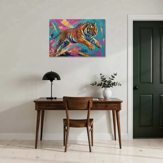 Colorful Tiger Painting Mid-Leap - Canvas Wall Art - Office - 36x24