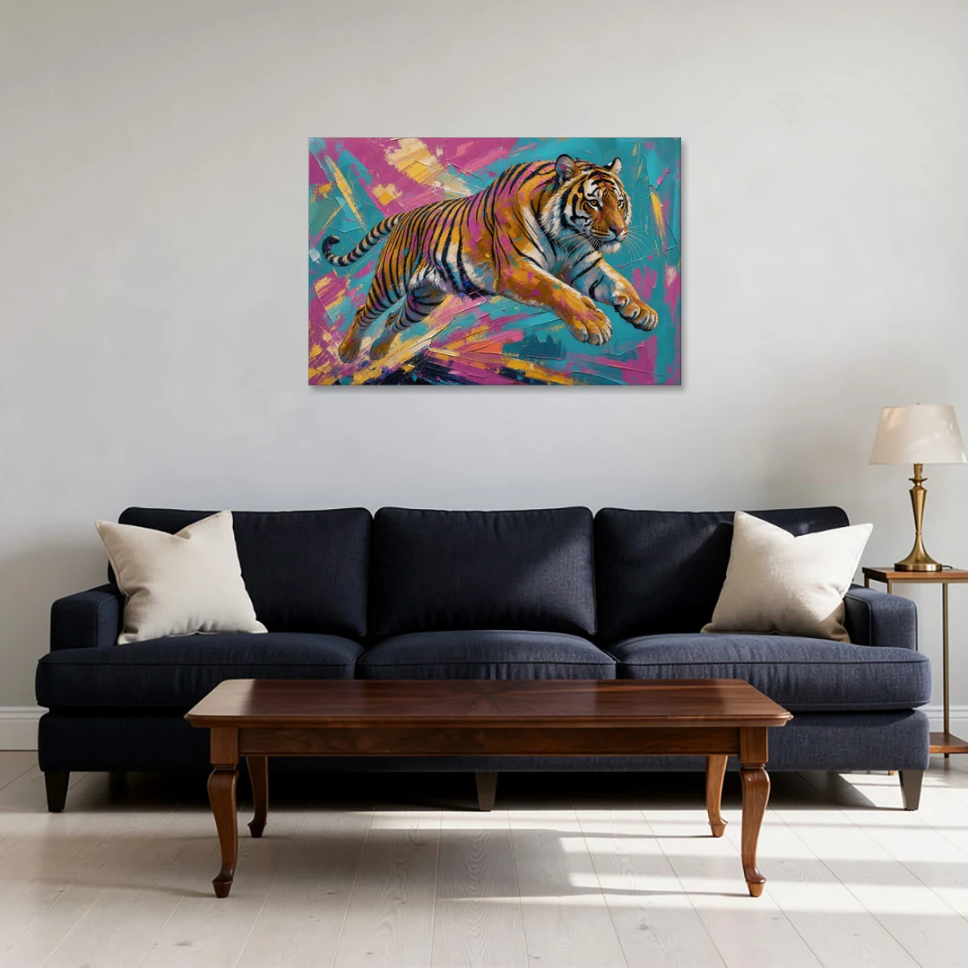Colorful Tiger Painting Mid-Leap - Canvas Wall Art - Sofa - 36x24