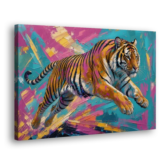Colorful Tiger Painting Mid-Leap - Canvas Wall Art - Side