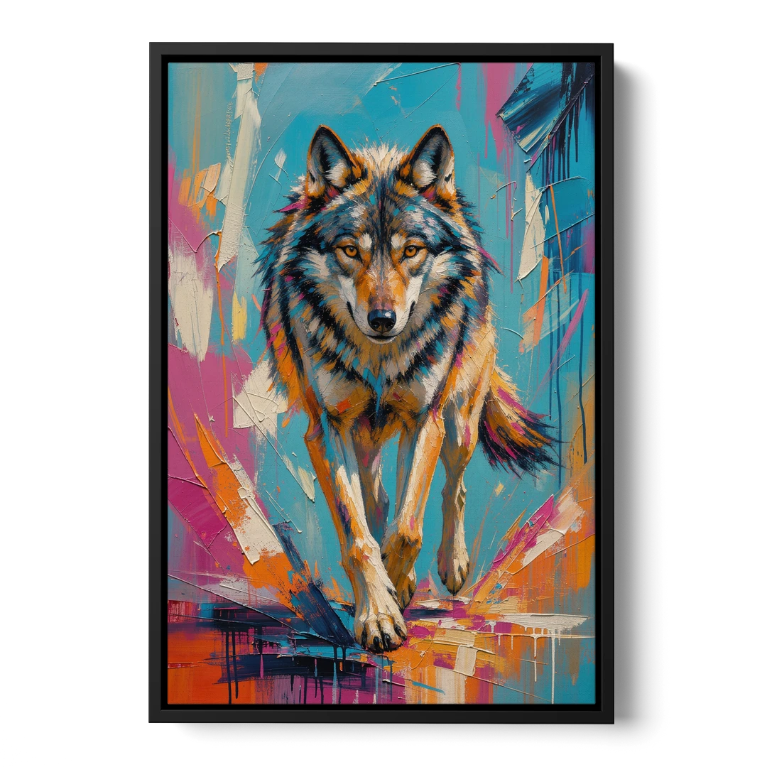 Colorful Wolf Painting Trotting Forward - Black Framed Canvas Wall Art - Front