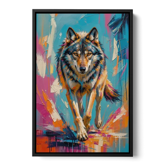Colorful Wolf Painting Trotting Forward - Black Framed Canvas Wall Art - Front