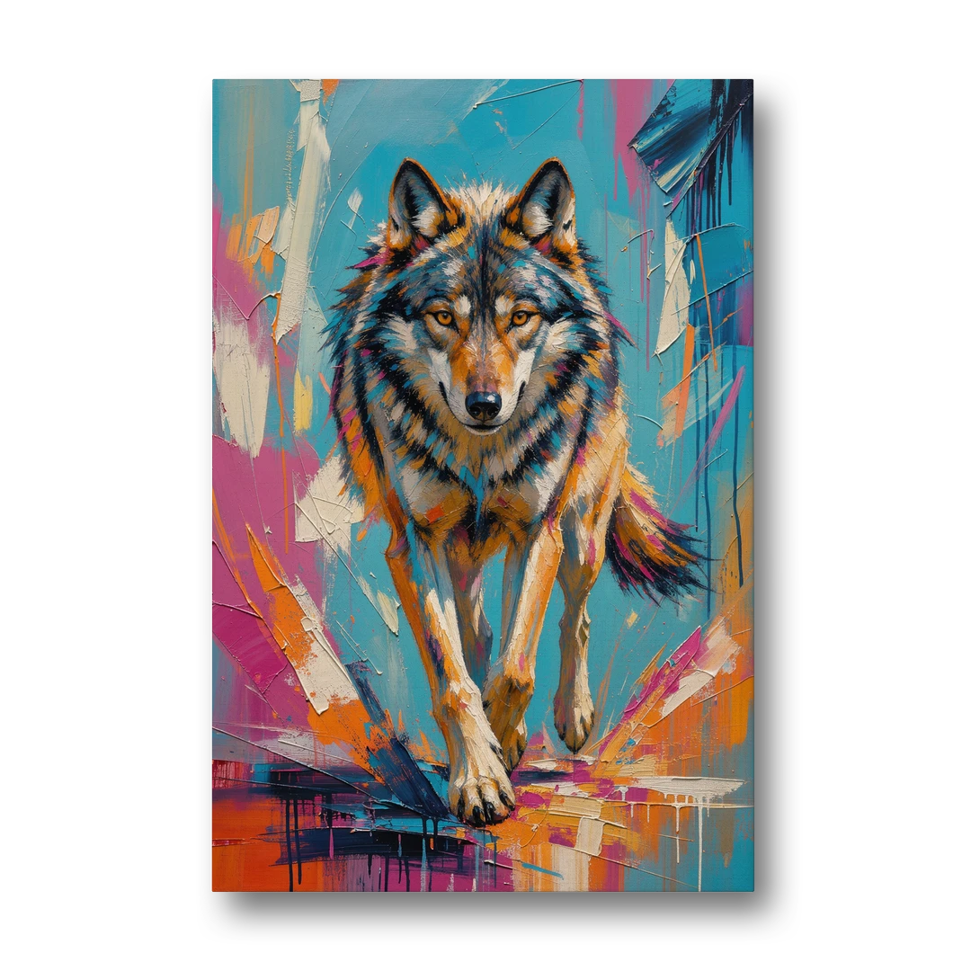 Colorful Wolf Painting Trotting Forward - Canvas Wall Art - Front