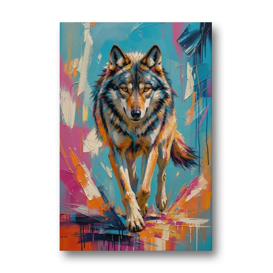 Colorful Wolf Painting Trotting Forward - Canvas Wall Art - Front