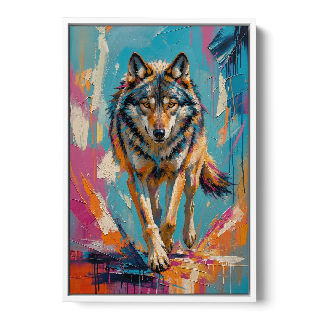Colorful Wolf Painting Trotting Forward - White Framed Canvas Wall Art - Front
